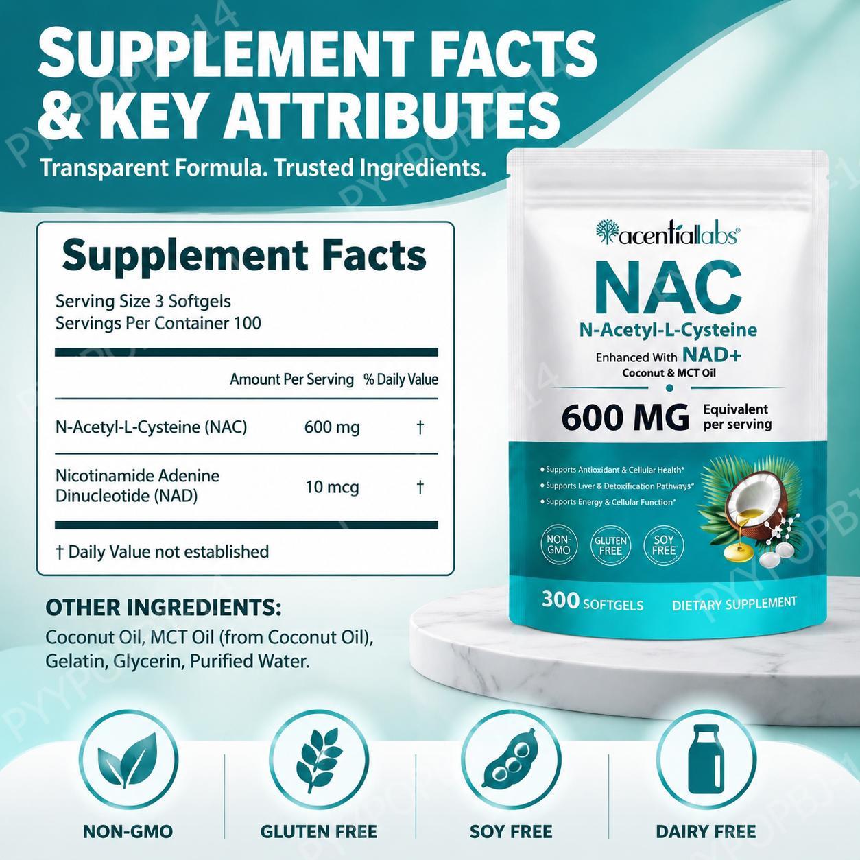كبسولات AcentiaLabs NAC مع NAD - مراجعة Mct Oil Coconut وسعره
